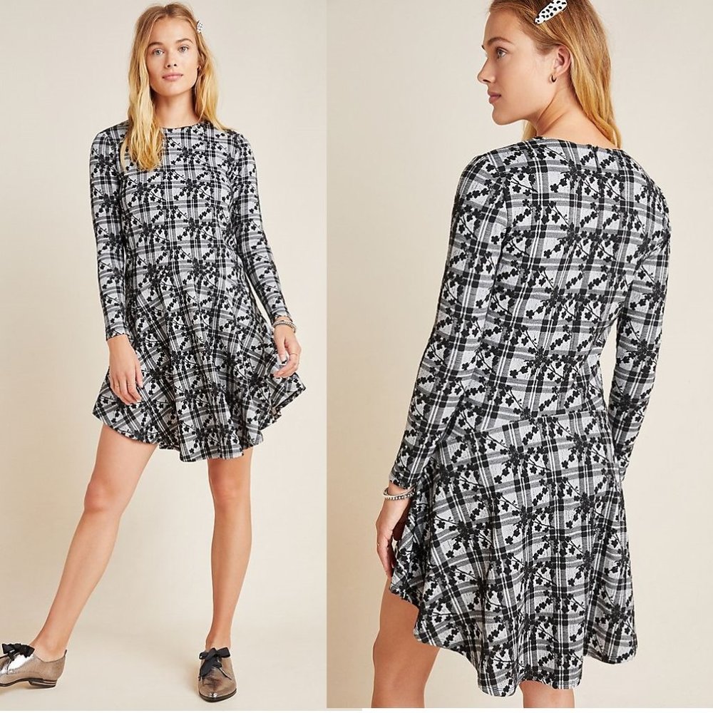 Anthropologie Black and White Plaid Floral-Print Midi Dress